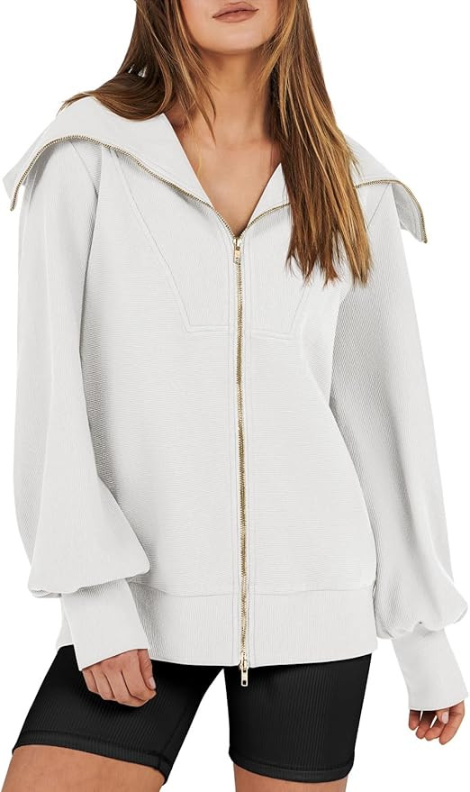 Caracilia Womens Zip Up Sweatshirt Oversized Hoodies Sweater Cute Casual Outfits Top 2024 Fall Wi... | Amazon (US)