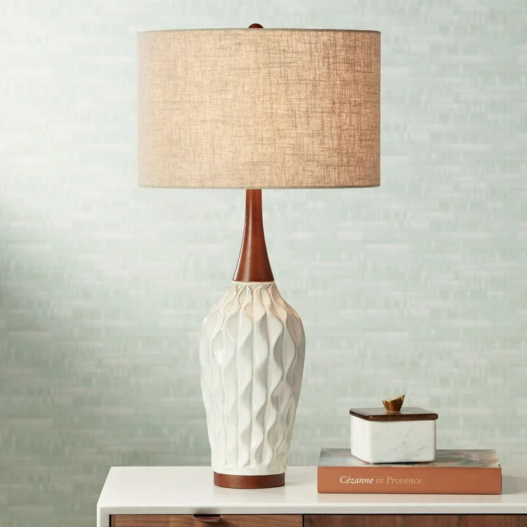 360 Lighting Mid Century Modern Table Lamp 30" Tall White Geometric Ceramic Wood Tan Fabric Drum ... | Walmart (US)