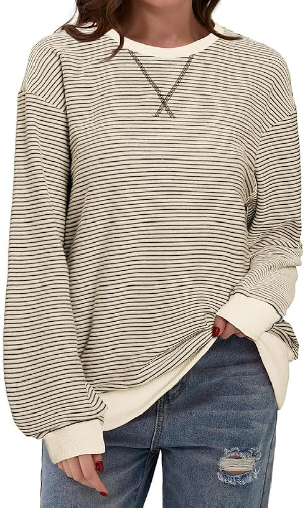 SHEWIN Womens Sweatshirt Striped Color Block Crew Neck Casual Long Sleeve Tops Loose Fall Clothes | Amazon (US)