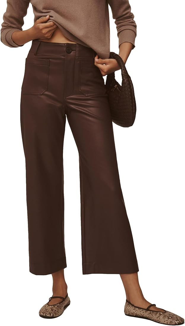 Women's Faux Leather Pants High Waisted Wide Straight Leg Pants PU Trousers with Pockets | Amazon (US)