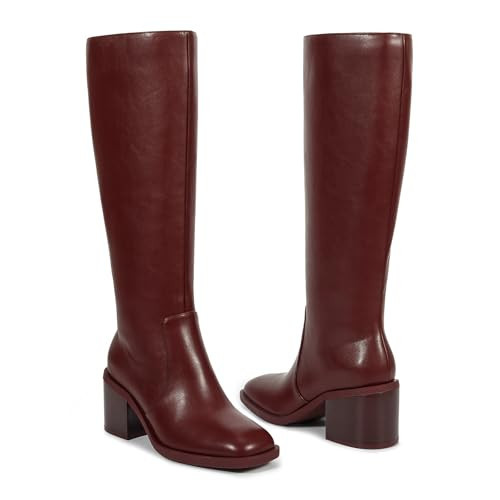 ISNOM Burgundy Women Knee High Boots Low Heels Campus Boot Block Heeled Tall Gogo Boots Zipper Square Toe Dress Riding Boot for Going Out Party Wedding Meeting Daily Casual Office Walking Size 9.5 | Amazon (US)