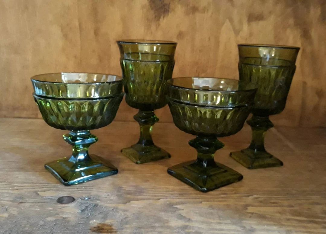 Gorgeous Glistening Green Mixed Set of 4 Goblets and Dessert - Etsy | Etsy (US)