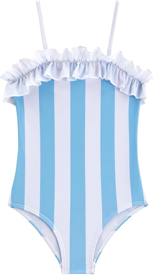 LIZENS Girls Swimwear One Piece Striped 2-12Years Ruffle Trim Flounce Beach Bathing Suit for Kids | Amazon (US)