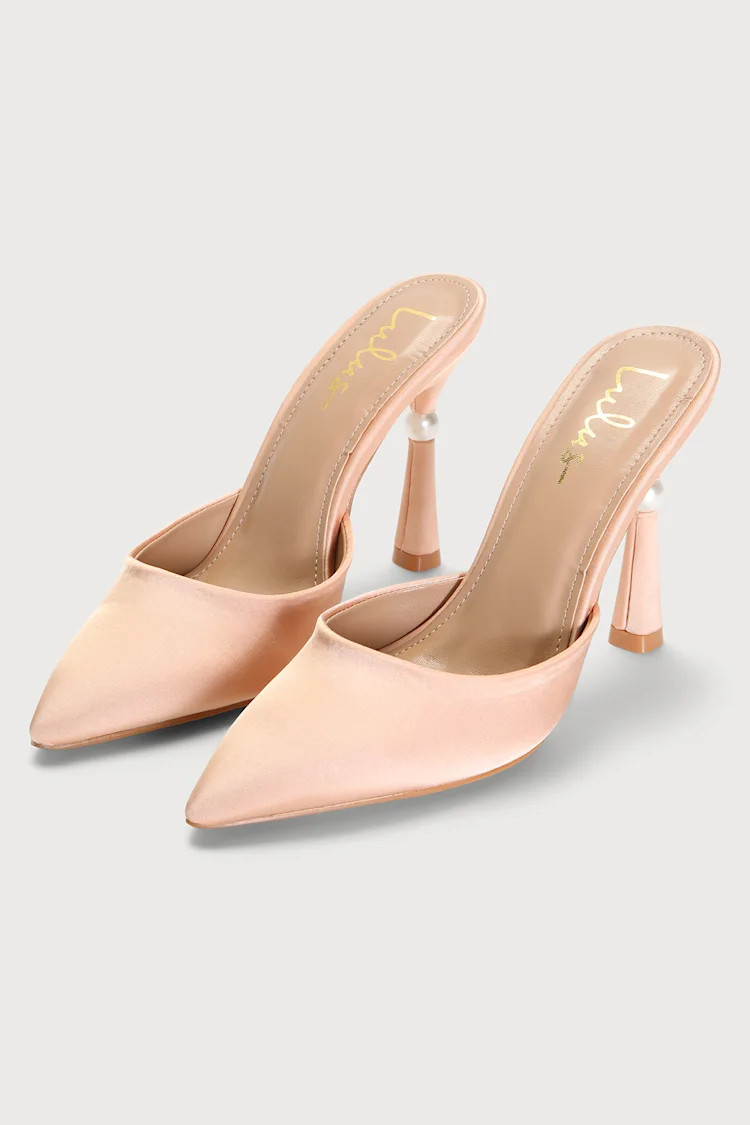 Caceyy Champagne Satin Pearl Sculpted High Heel Mule | Lulus