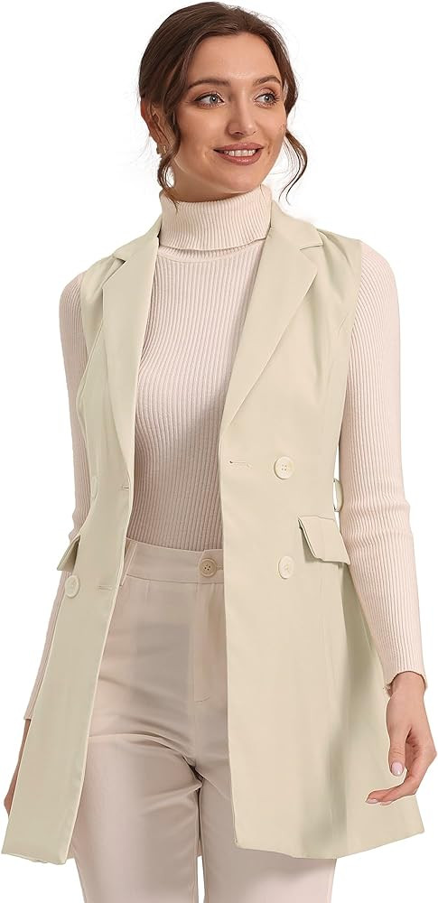 Allegra K Women's Sleeveless Blazer Work Double Breasted Lightweight Belted Long Vest Trench Coat | Amazon (US)