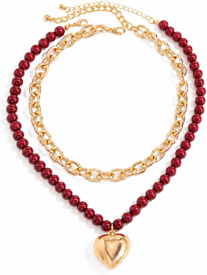 Layered Heart Necklace for Women, Red Beaded Necklace with Gold Chunky Chain Double Strand Statement Pendant Necklace Trendy Fashion Jewelry Gift for Party Valentine Daily Wear | Amazon (US)