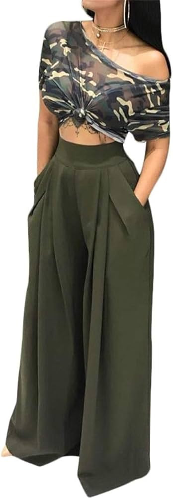 LROSEY Women's Stretchy Solid Color High Waisted Wide Leg Palazzo Pants with Pockets | Amazon (US)