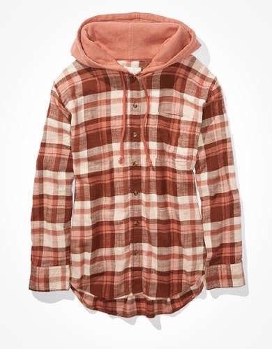 AE Plaid Hooded Button Up Shirt | American Eagle Outfitters (US & CA)