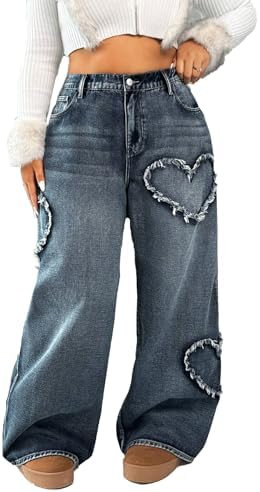 High Waisted Wide Leg Jeans, Heart Pattern Distressed Denim, Blue Wash | Amazon (US)