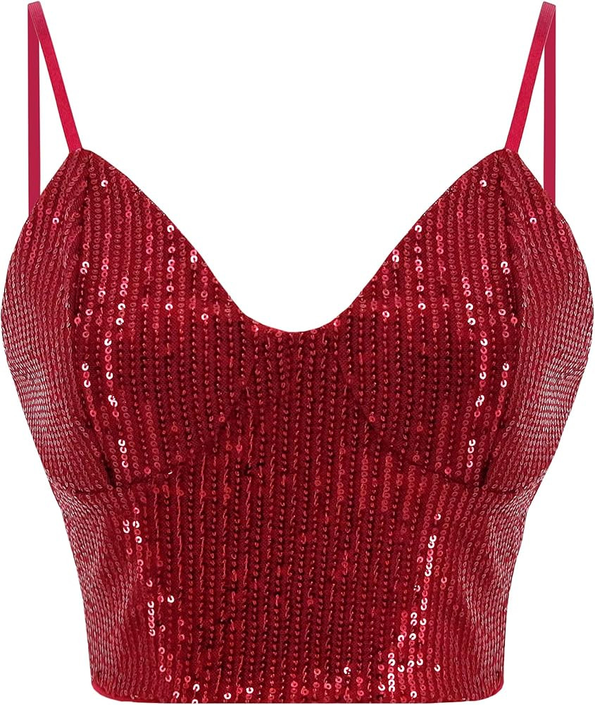 Vimoisa Women Reflective Metallic Tank Top Bustier Spaghetti Strap Crop Top Tight Sleeveless Tube... | Amazon (US)