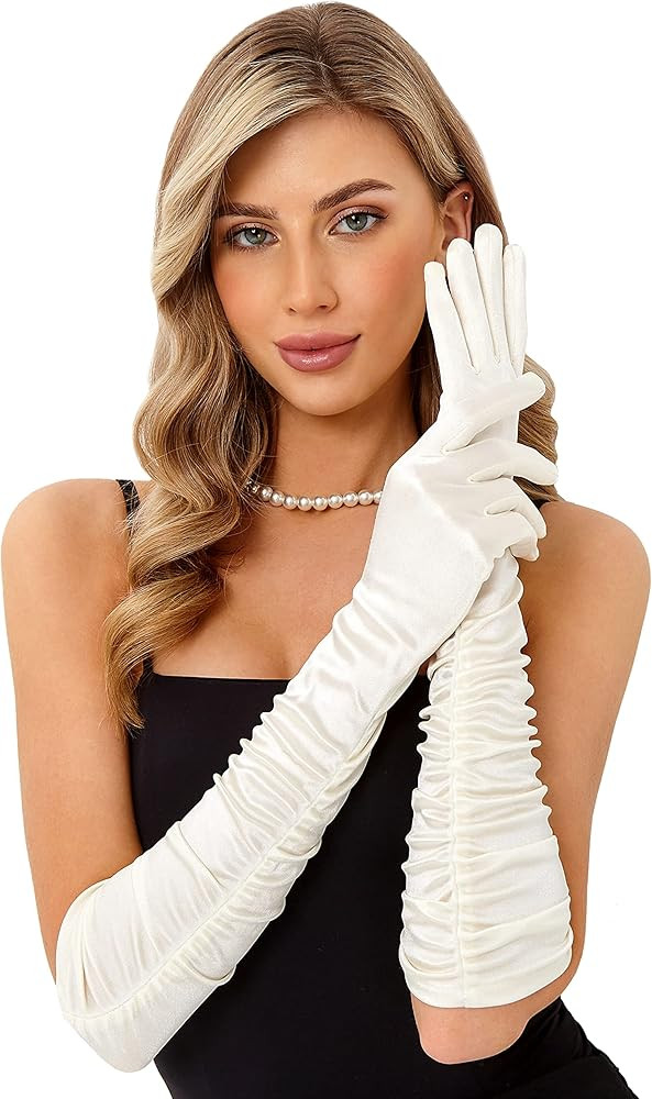 LATTEMARMALATTE Long Satin Gloves 1920s Opera Elegant Shirred Formal Gloves Elbow Length Gatsby A... | Amazon (US)