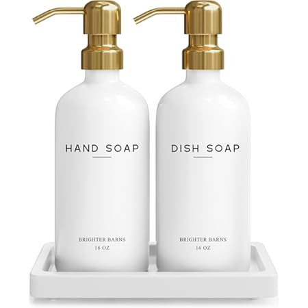 Amazon.com: Luxury Glass Dish Soap Dispenser for Kitchen Sink by Brighter Barns - Modern Kitchen Soap Dispenser Set - Refillable Glass Pump Bottle and Tray Home & Kitchen | Amazon (US)