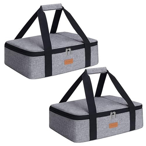 Double Casserole Carrier for Hot or Cold Food, Expandable Insulated Bag, Perfect Lasagna Holder Tote for Potlucks, Picnics, Beaches, Traveling, Fits 11" * 15.7" Baking Dish, Lunch Bag Gray (2PC) | Amazon (US)