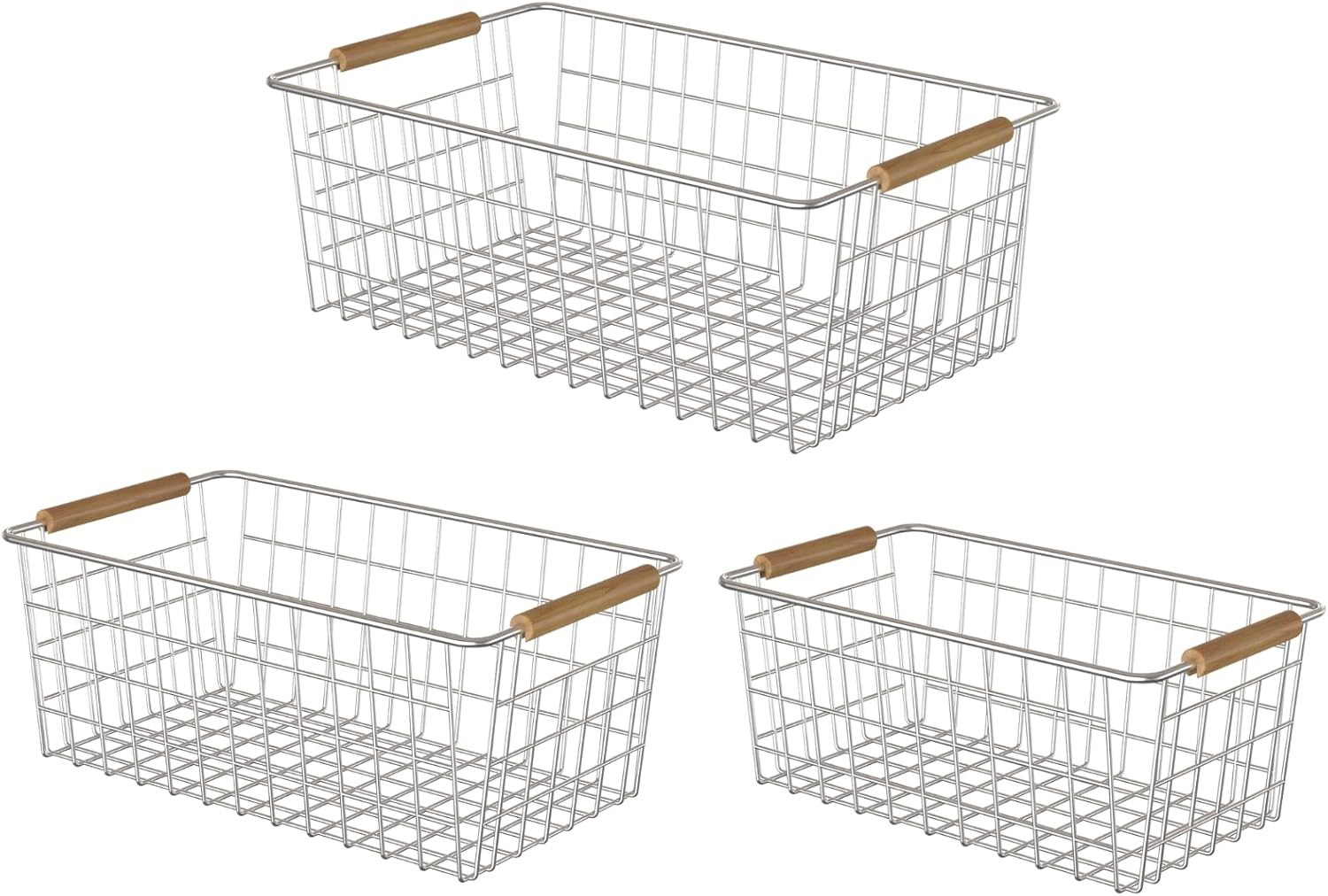3 Pack Wire Storage Baskets for Organizing,Household Pantry Storage Freezer Baskets with Wooden H... | Amazon (US)