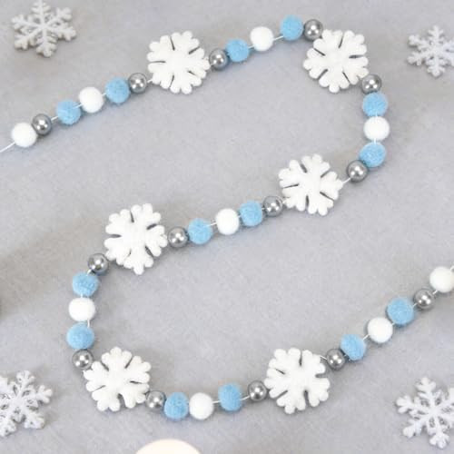 8.2Ft Winter Christmas Felt Banner Hanging Garland 3D Snowflake Silver Bead Blue White Pom Ball B... | Amazon (US)