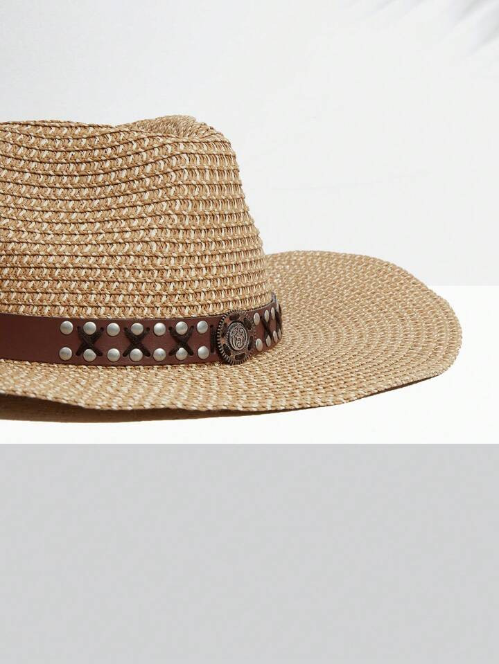 SHEIN VCAY 1pc Women Tape & Studded Decor Straw Cowboy Hat For Daily Life | SHEIN