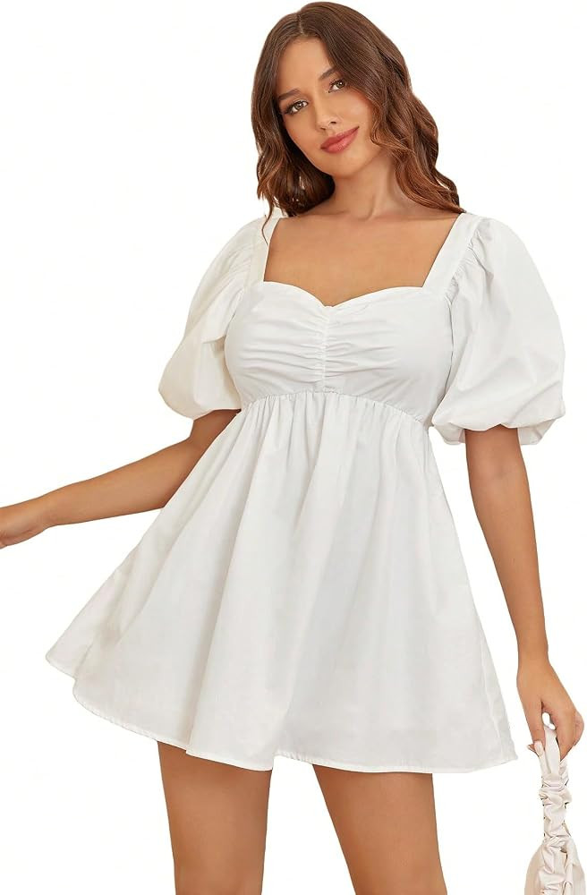 WDIRARA Women's Sweetheart Neck Puff Short Sleeve Ruched Ruffle Hem A Line Dress | Amazon (US)