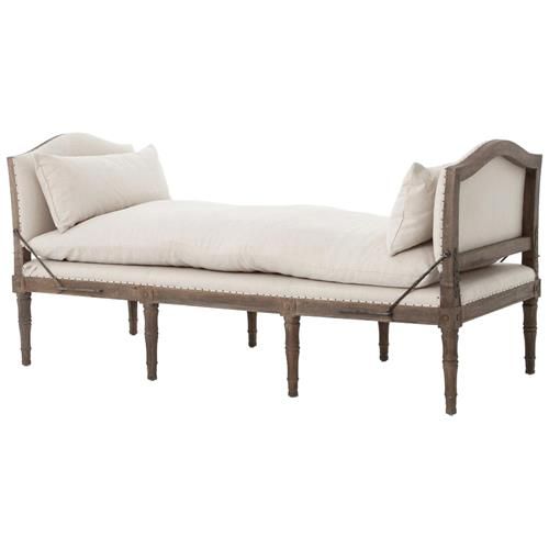 Sabine French Country Natural Linen Weathered Oak Bench Daybed | Kathy Kuo Home