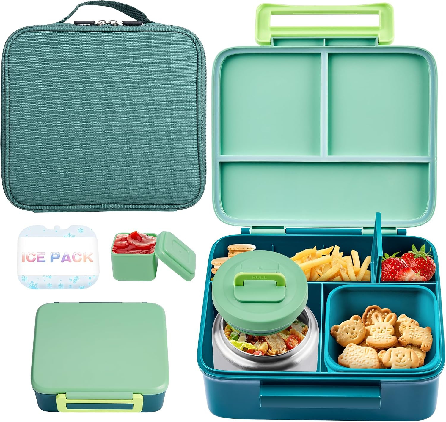 Bento Lunch Box for Kids with Thermo, Leakproof Bento Box with 8oz Insulated Food Jar, Lunch Bag, BPA Free Dishwasher Safe 4 Compartment Container for School Girls Boys (Green) | Amazon (US)