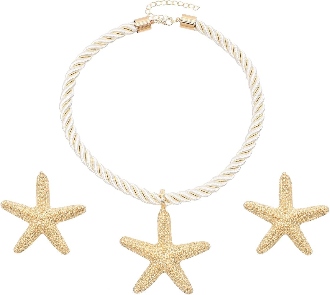 idealway Starfish Daisy Pendant Necklace Earrings Set, Gold Jewelry Sets, Beach Rope Necklace Oce... | Amazon (US)