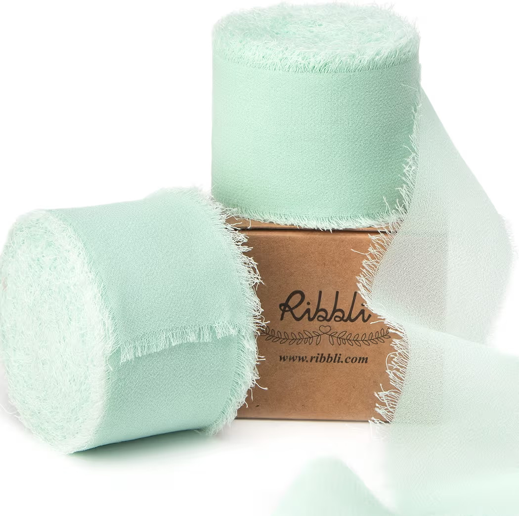 Ribbli Mint Green Chiffon Ribbon 1-1/2 inch x 20 Yard Handmade Fringe Chiffon Silk Ribbon, Mint f... | Amazon (US)