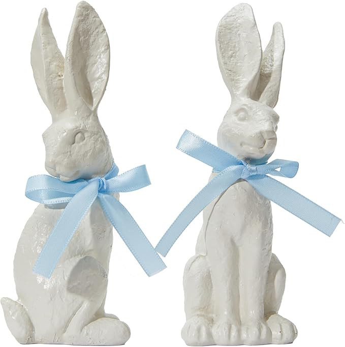 WDS WONDROUS Easter Decorations Bunny Figurines Set, Realistic Bunnies 2-Pcs White Resin Textured... | Amazon (US)