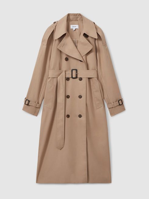 Jenna Camel Double Breasted Belted Trench Coat | Reiss UK