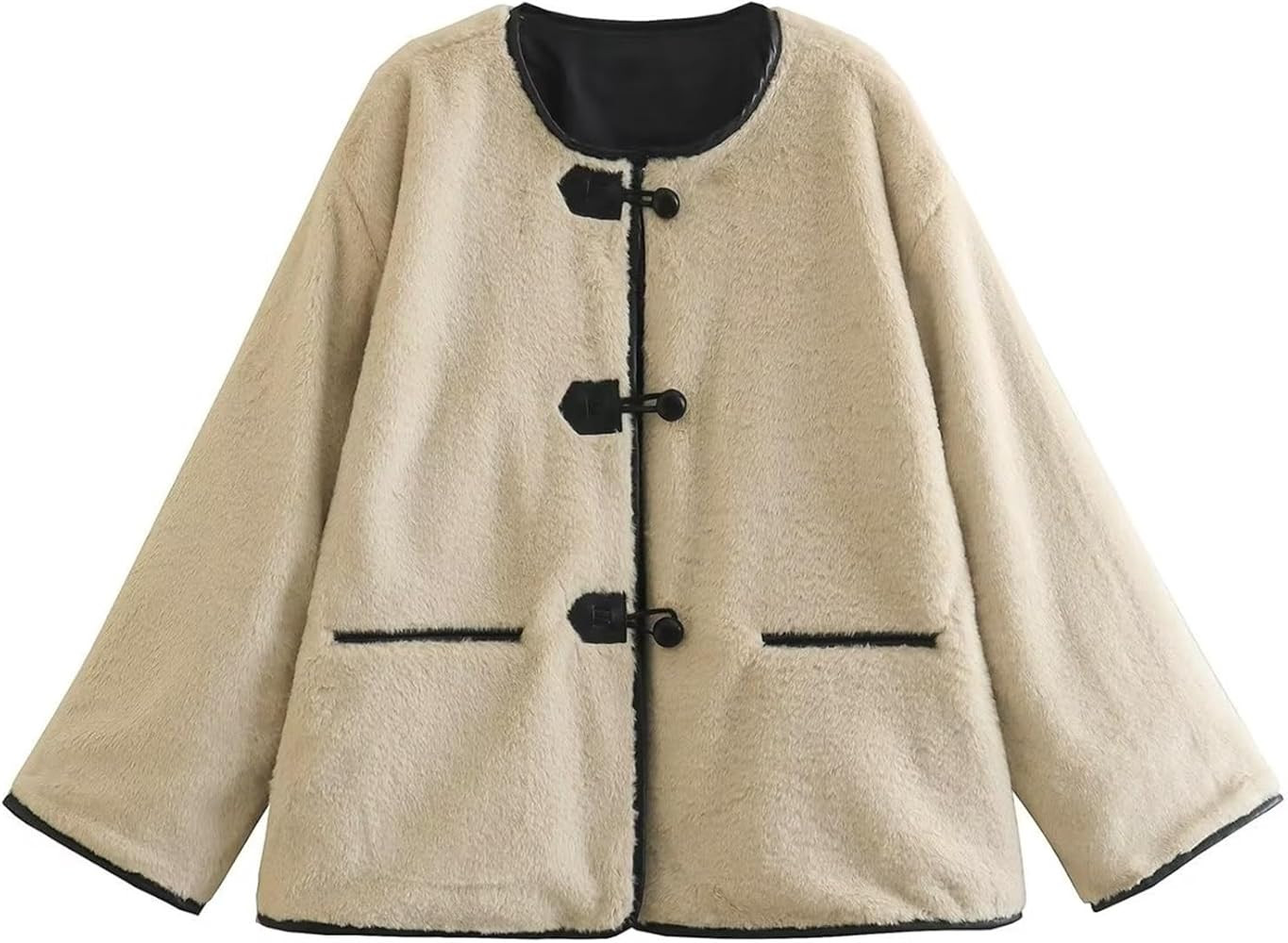 CIRONI Women Fashion Solid Lambswool Horn Button Coat Loose O Neck Single-breasted Warm Top Winte... | Amazon (UK)