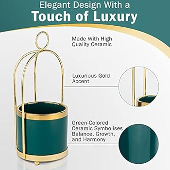 Ceramic Birdcage Succulent Pot - 1 x Small Green and Gold Flower Vase with an Iron Cage - Decorative | Amazon (US)