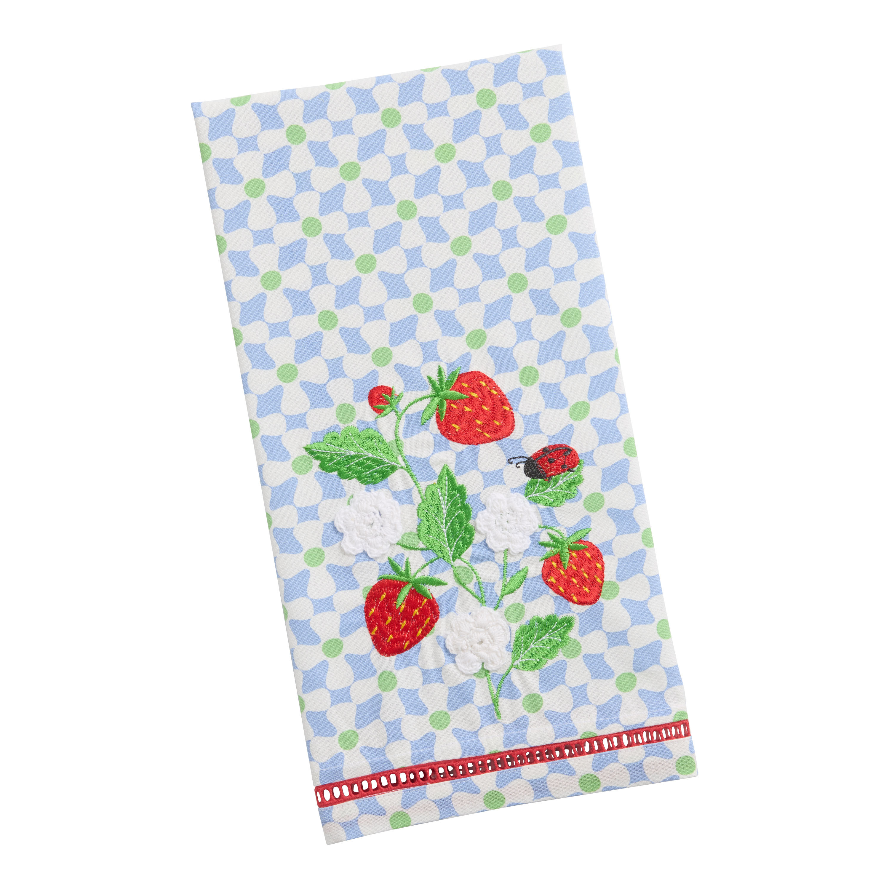 Red and Blue Retro Strawberry Embroidered Kitchen Towel | World Market