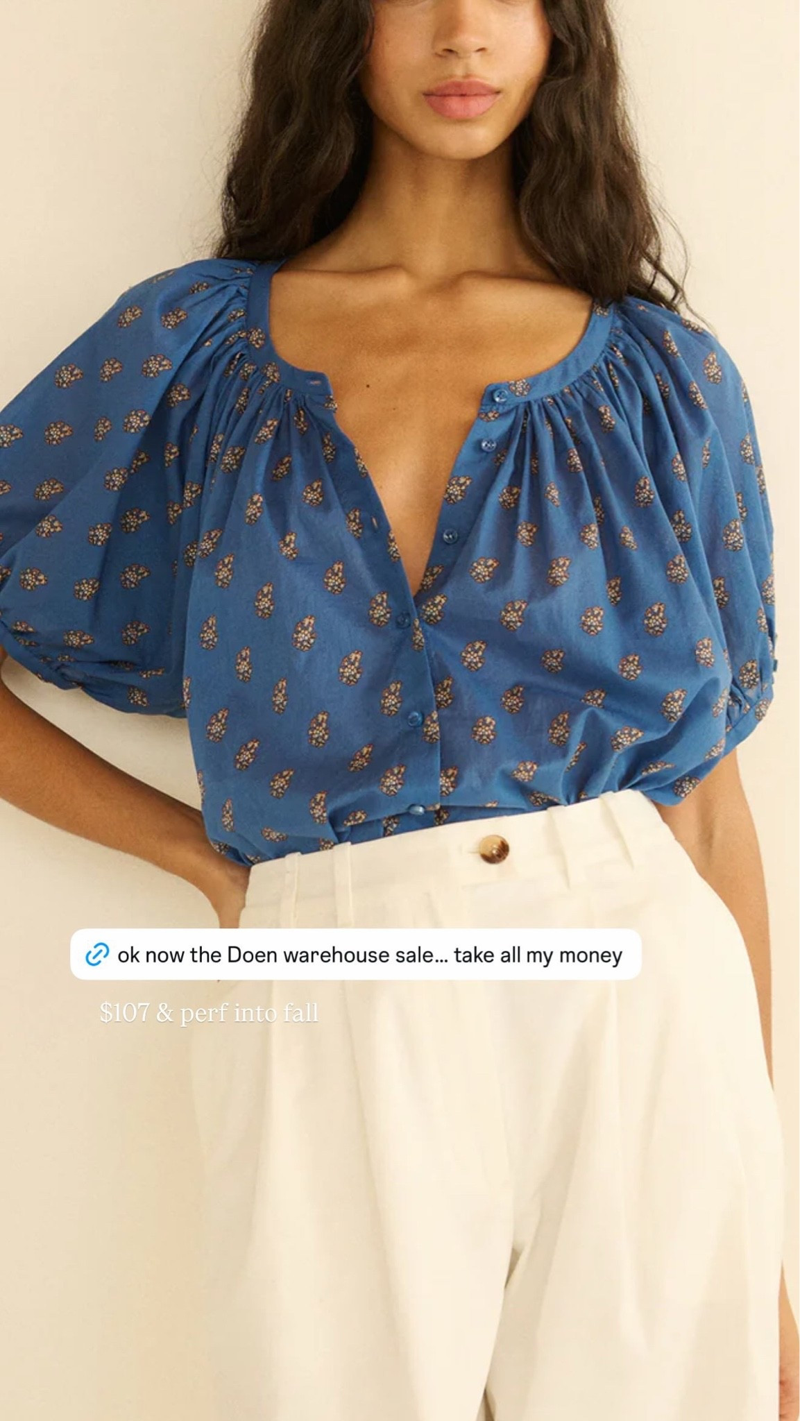 doên warehouse sale is dangerous in the best way 🤍 this blouse immediately caught my eye and i love that rich blue print heading into fall. so easy to pair with white denim now, then swap for your favorite jeans later. and for $107? adding to cart immediately.

#LTKSeasonal #LTKSaleAlert