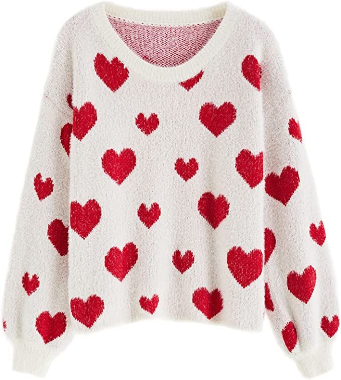 CHICWISH Women's Comfy Casual Pink Fuzzy Hearts Knit Sweater Pullover Sweatershirt | Amazon (US)