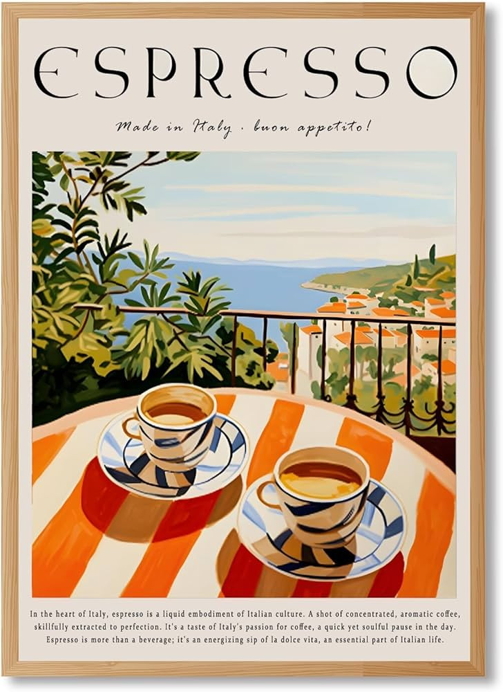 Trendy Espresso Coffee Wall Art Italian Coast Poster Breakfast Balcony View Canvas Print Vintage ... | Amazon (US)