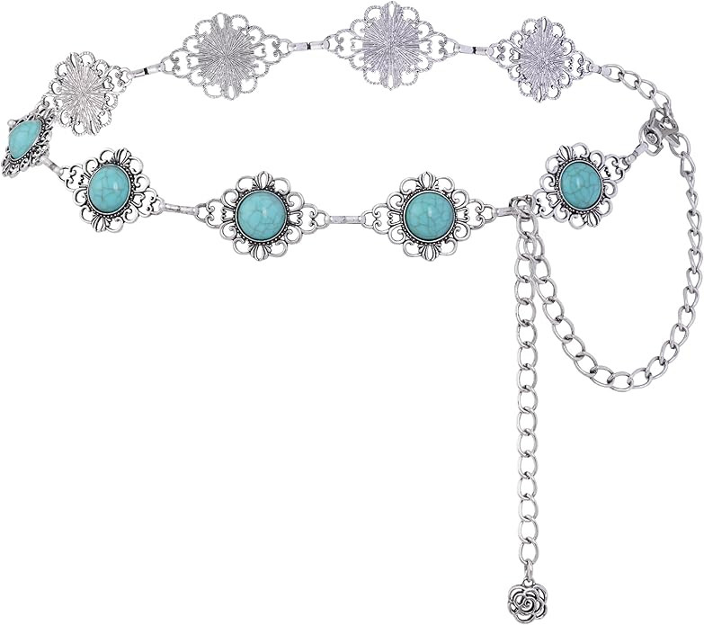 Western Concho Chain Belt Women Cowgirl Turquoise Boho Diamond Gems Metal Waist Chain Belt for Dr... | Amazon (US)
