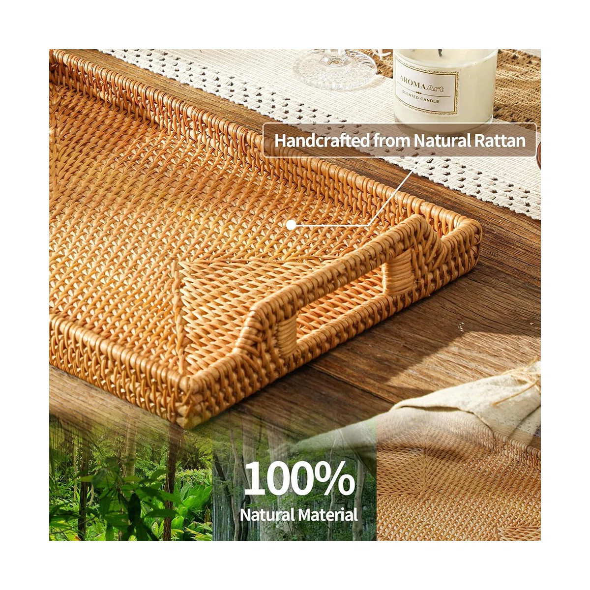Rattan Serving Tray Rectangle With Handles, Vintage Wicker For Decor, Boho Seagrass Coffee Table ... | Wayfair North America