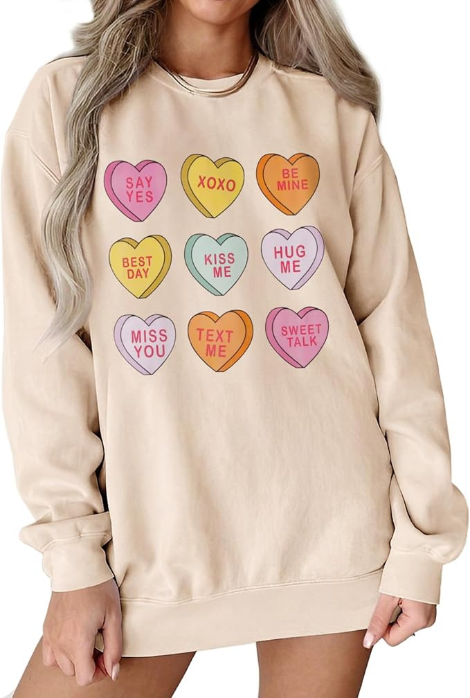 Women Valentine Sweatshirt Love Heart XOXO Funny Conversation Heart Graphic Shirt Tops Crewneck O... | Amazon (US)