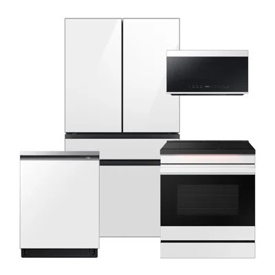 Samsung Bespoke White Glass Counter Depth Kitchen Package with 23 cu. ft. 4-Door French Door Refrigerator with Beverage Center and Electric Range | Wayfair North America