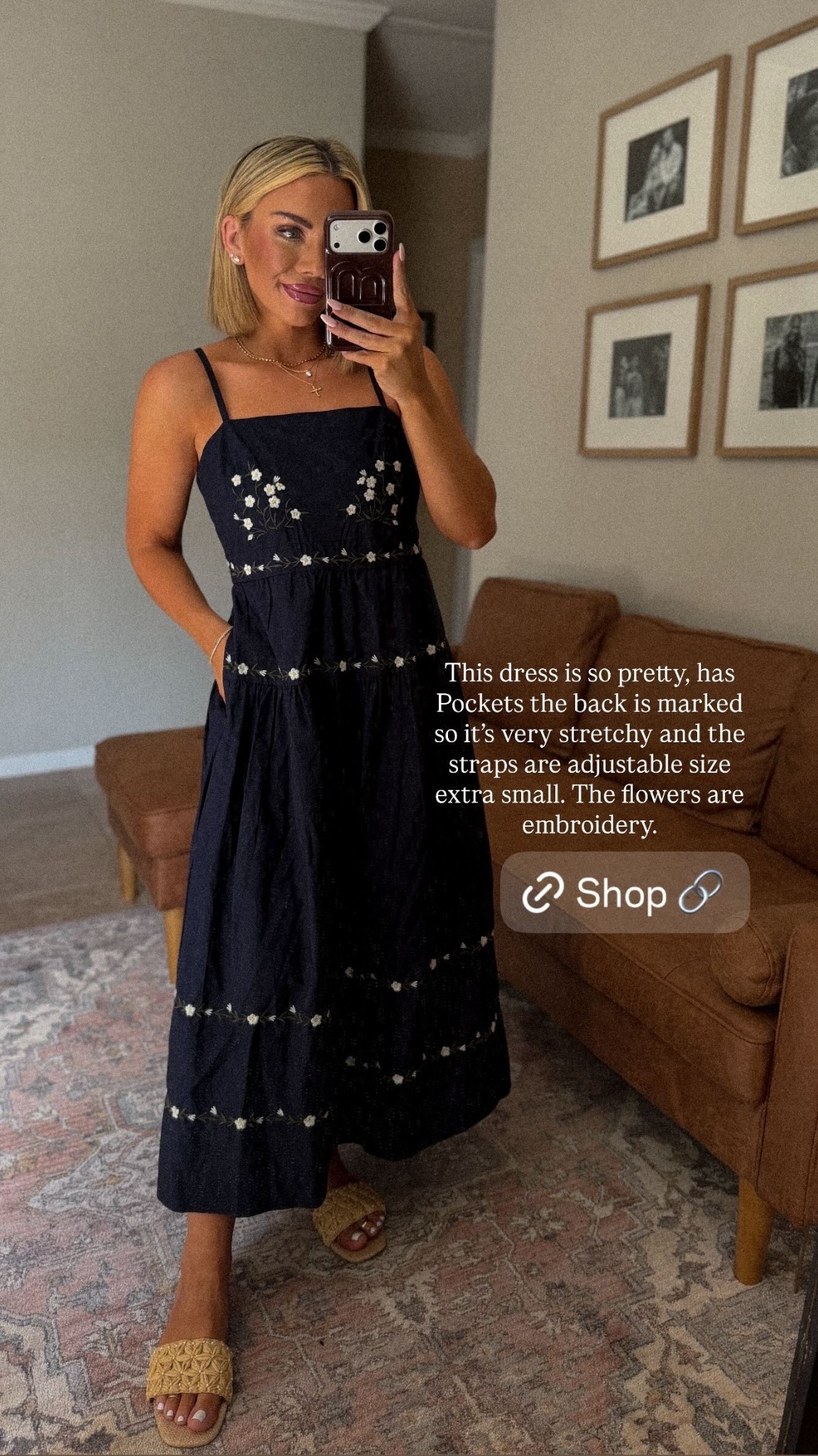 This dress is so pretty, has Pockets the back is marked so it’s very stretchy and the straps are adjustable size extra small. The flowers are embroidery.