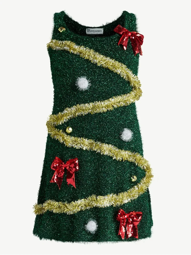 No Boundaries Christmas Tree Tinsel Mini Dress, Women’s - Walmart.com | Walmart (US)