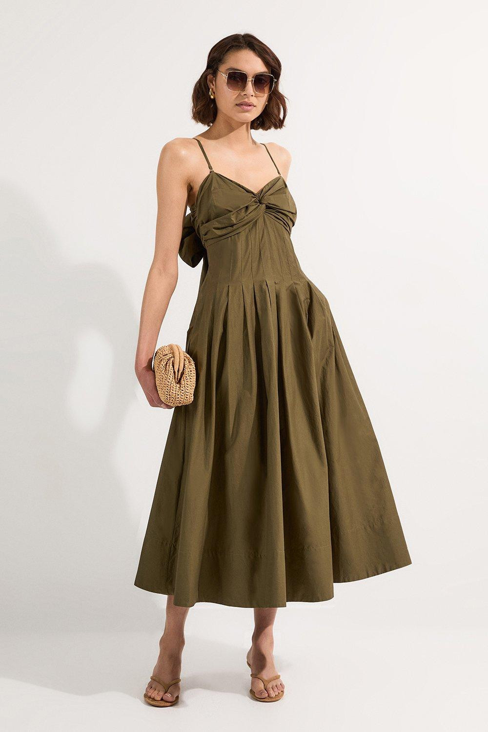 Cotton Poplin Maxi Strapless Sundress With Bow Tie At Back | Karen Millen UK + IE + DE + NL