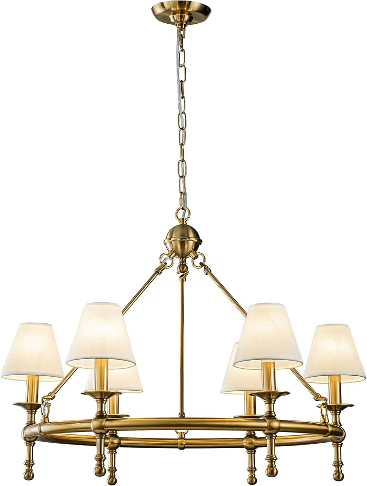 6 Lights W34 Vintage Brass and White Pleated Fabric Chandeliers for Dining Room Mid Century Modern Large Round Chandeliers for Classic Living Room | Amazon (US)