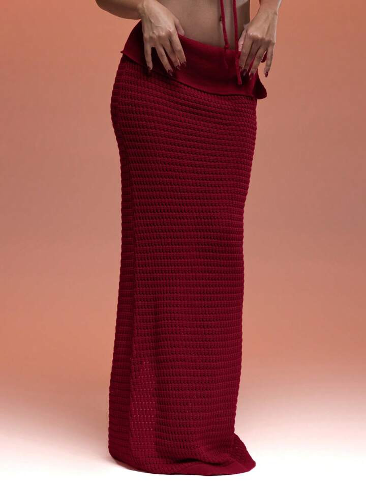 MUSERA Crochet Fold Over Waist Tie Detail Fitted Maxi Skirt Summer Holiday Sexy Ibiza Fits Spring | SHEIN