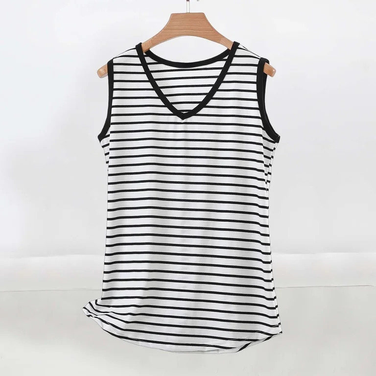 Njagoc3 Women Black White Striped Tank Top Casual Sleeveless Curved Hem Top | Walmart (US)