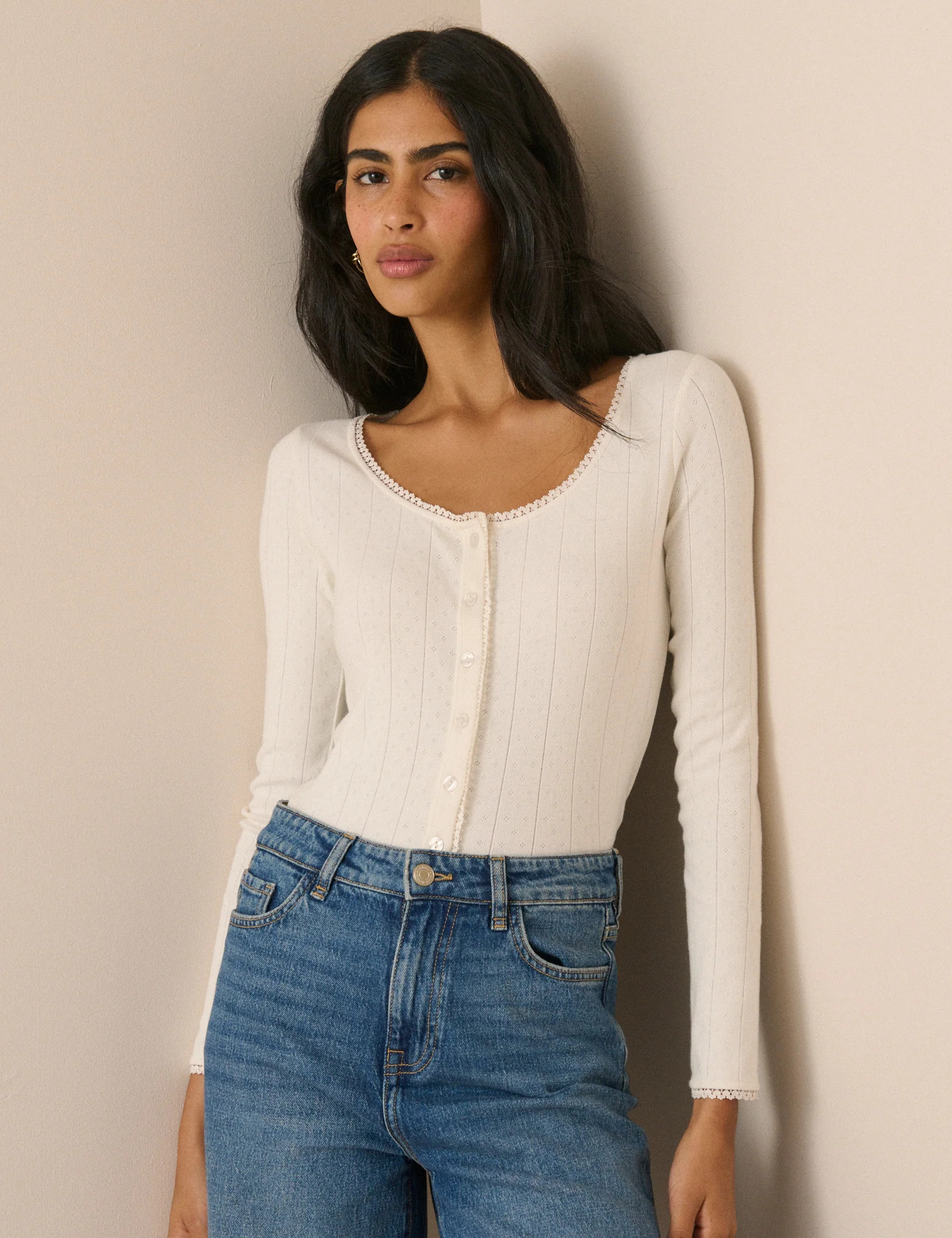 White Scoop Neck Pointelle Cardigan | Nobody's Child