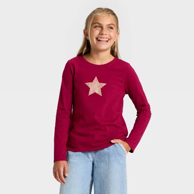 Girls' Long Sleeve 'Glitter Star' Graphic T-Shirt - Cat & Jack™ Dark Red XS | Target