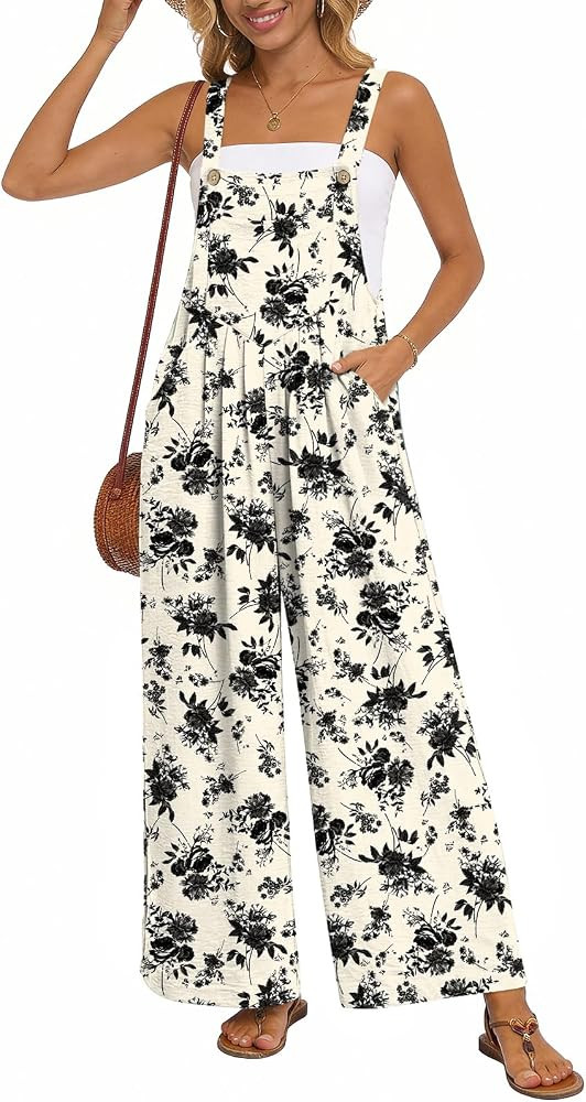 Womens Casual Jumpsuits Loose Wide Leg Overalls Summer Sleeveless Adjustable Strap Rompers with P... | Amazon (US)