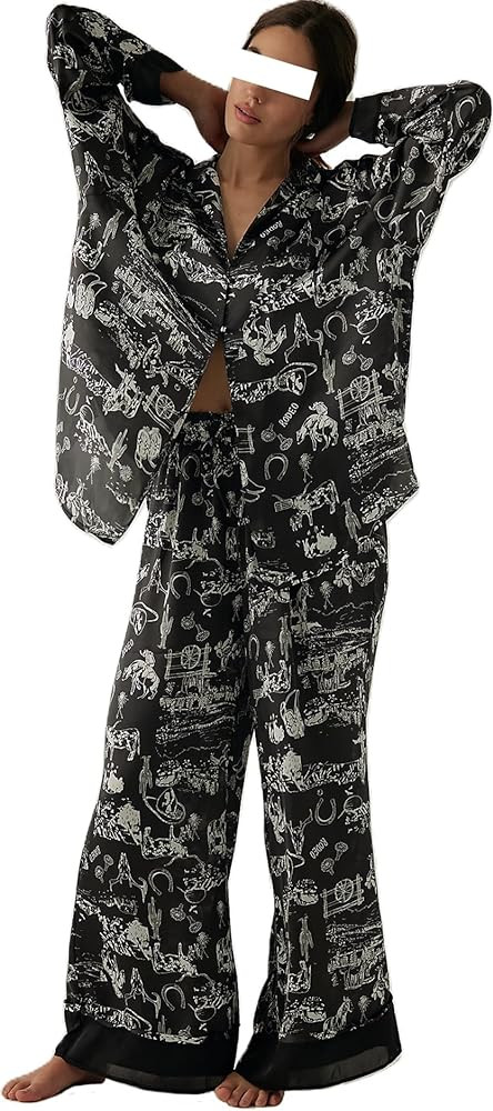 LILTWIST Silk Satin Pajamas Set for Women 2 Piece Floral Pjs Wide Leg Lounge Pants Set Long Sleev... | Amazon (US)