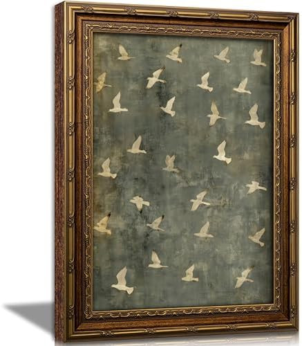 Vintage Gold Framed Flying Birds Wall Art, Retro Muted Green Seagull Canvas Print, Flock of Seagu... | Amazon (US)
