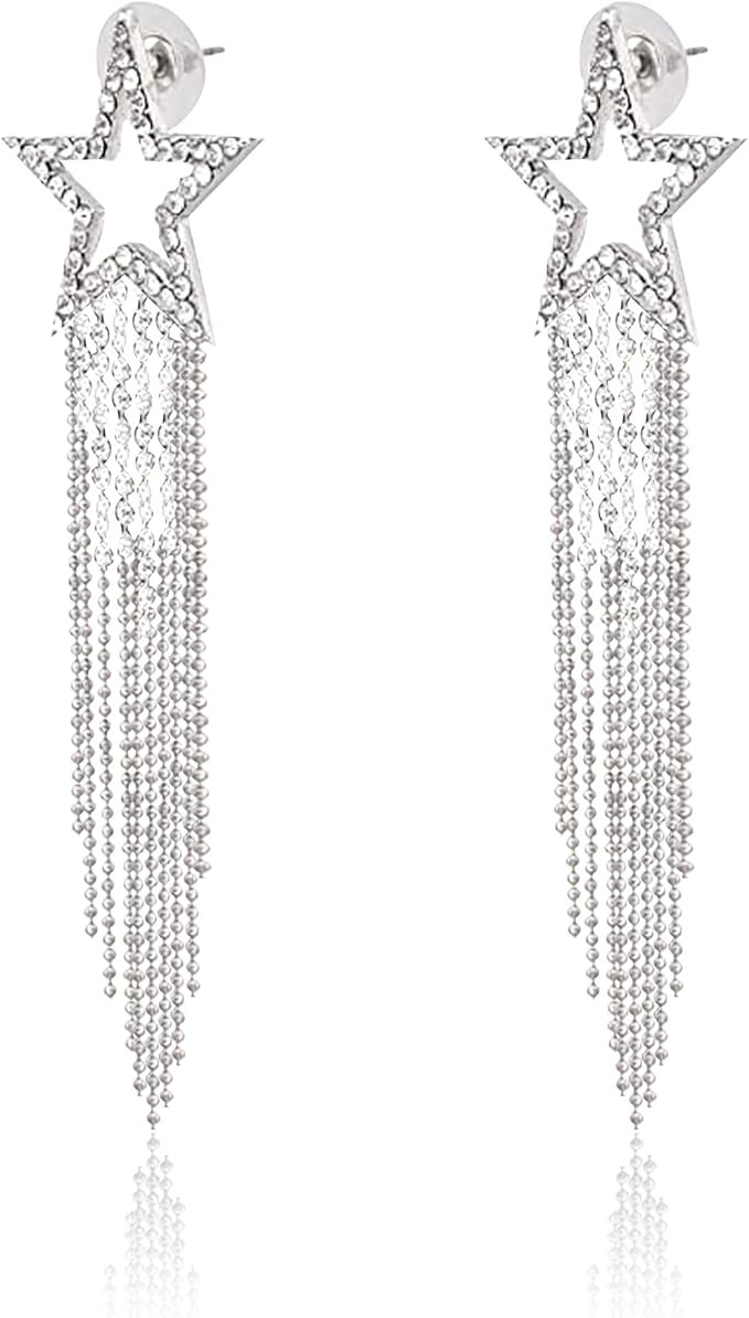 GUOXIAOMEI Bling Women Tassel Earrings Star Ear Stud Pave Crystal Dangle Earrings Boho Waterfall ... | Amazon (US)