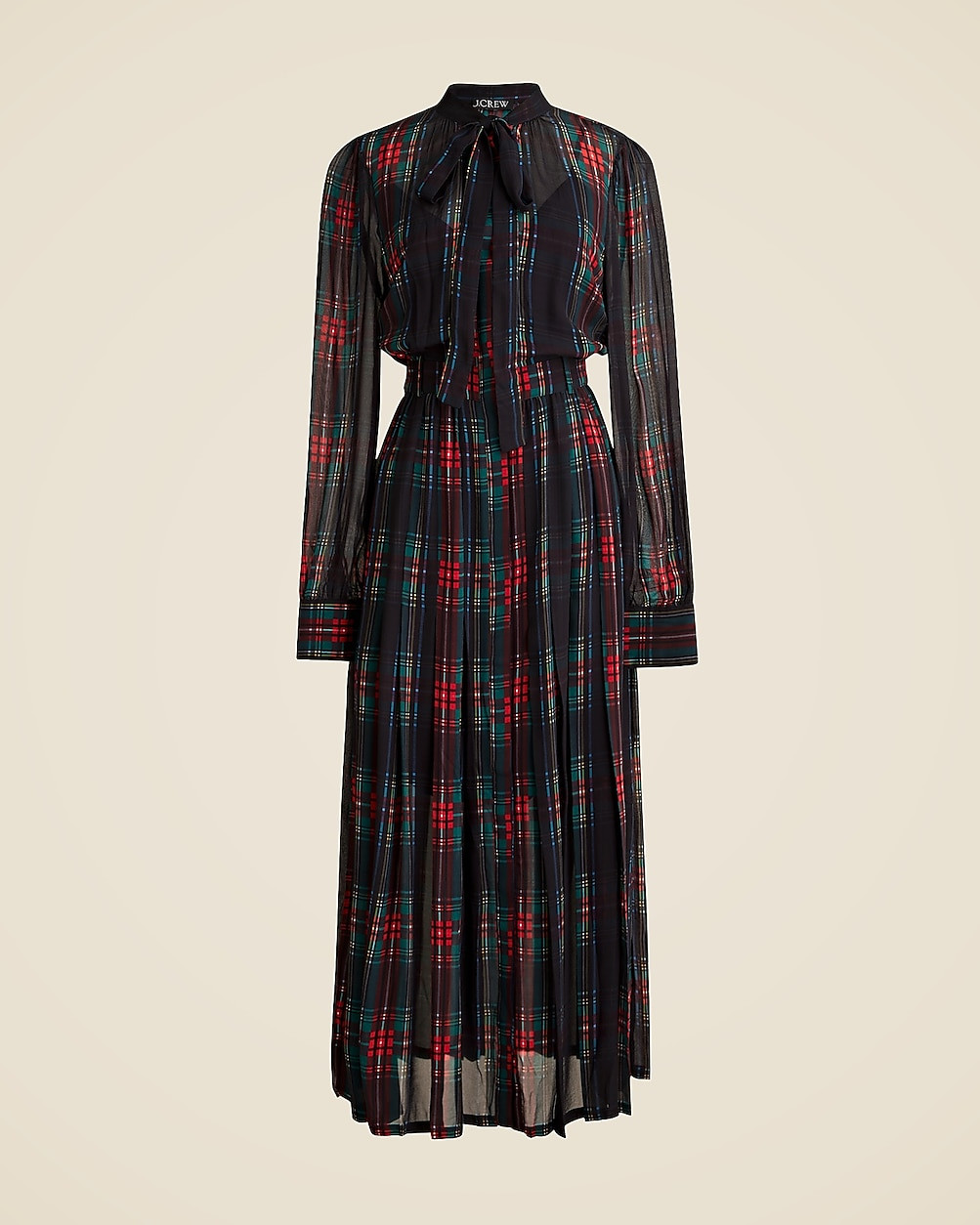 Tie-neck dress in Stewart tartan viscose chiffon | J. Crew US